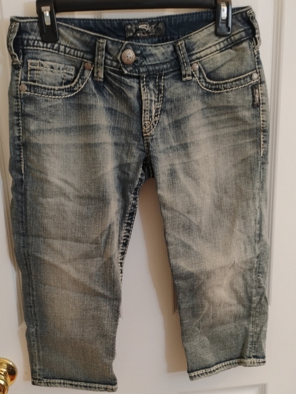 Silver Washed Blue Denim Capris